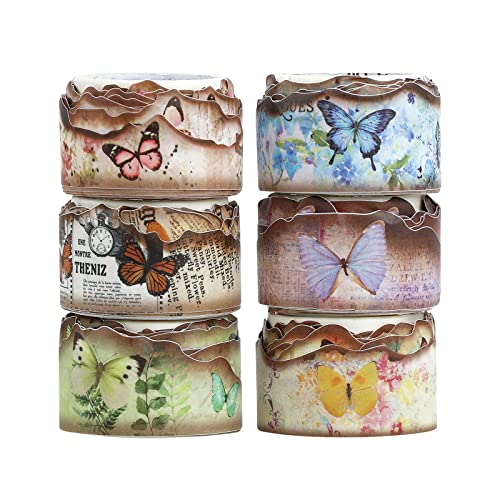 NOGAMOGA Vintage verbrannt aussehende Rand Washi Tape Set, 6 Rollen, Schmetterling verbrannt Washi Tape, bunte Tape-Kit für Scrapbooking, Junk Journaling, alte verbrannt dekorative Band für DIY Crafts von NOGAMOGA