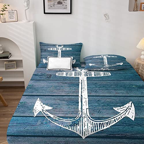 Anker Spannbettlaken 140x200cm, Spannbetttuch Nautisch Muster, Weiche Mikrofaser Boxspringbett Bettlaken geeignet für Matratzen von 30 cm Mit 2 Kopfkissenbezug 80x80 cm von NOGAWA