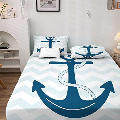 Anker Spannbettlaken 180x200cm, Spannbetttuch Maritim Muster, Weiche Mikrofaser Boxspringbett Bettlaken geeignet für Matratzen von 30 cm Mit 2 Kopfkissenbezug 80x80 cm von NOGAWA