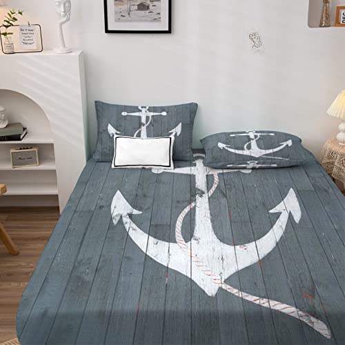 Anker Spannbettlaken 180x200cm, Spannbetttuch Nautisch Muster, Weiche Mikrofaser Boxspringbett Bettlaken geeignet für Matratzen von 30 cm Mit 2 Kopfkissenbezug 80x80 cm von NOGAWA