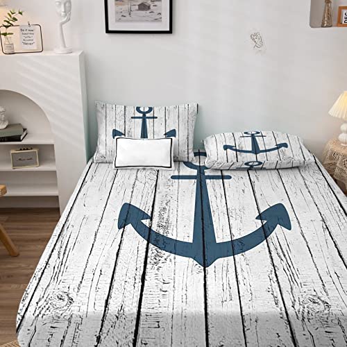 Anker Spannbettlaken 200x200, Spannbetttuch Nautisch Muster, Weiche Mikrofaser Boxspringbett Bettlaken geeignet für Matratzen von 30 cm Mit 2 Kopfkissenbezug 80x80 cm von NOGAWA