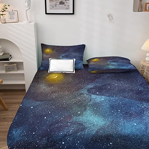 Galaxie Spannbettlaken 180x200cm, Spannbetttuch Mond Muster, Weiche Mikrofaser Boxspringbett Bettlaken geeignet für Matratzen von 30 cm Mit 2 Kopfkissenbezug 80x80 cm von NOGAWA