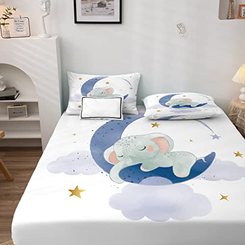 Kinder Mond Spannbettlaken 140x200cm, Spannbetttuch Cartoon Elefant Muster, Weiche Mikrofaser Boxspringbett Bettlaken geeignet für Matratzen von 30 cm Mit 2 Kopfkissenbezug 80x80 cm von NOGAWA