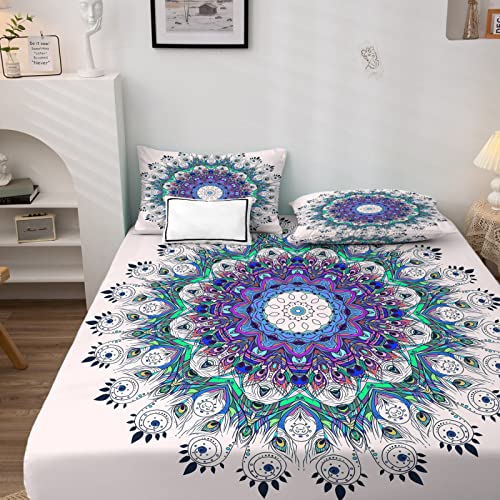 Mandala Spannbettlaken 90x200cm, Spannbetttuch Ethnisch Muster, Weiche Mikrofaser Boxspringbett Bettlaken geeignet für Matratzen von 30 cm Mit 1 Kopfkissenbezug 80x80 cm von NOGAWA