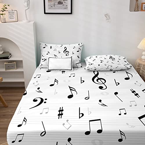 Musik Spannbettlaken 90x200cm, Spannbetttuch Musiknoten Muster, Weiche Mikrofaser Boxspringbett Bettlaken geeignet für Matratzen von 30 cm Mit 1 Kopfkissenbezug 80x80 cm von NOGAWA