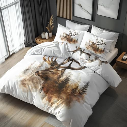 NOGAWA Bettwäsche 135x200 Elch Hirsch - Wildtiere Jagd Bettbezug 135x200 2er Set, Weich & Bügelfrei Mikrofaser Bettwäsche-Sets, Wendebettwäsche mit Reißverschluss und 1 Kissenbezug 80x80 von NOGAWA