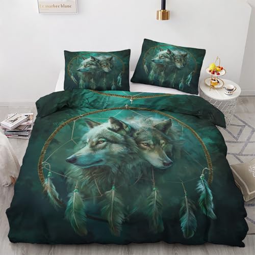 NOGAWA Bettwäsche 135x200 Wolf - Traumfänger Bettbezug 135x200 2er Set, Weich & Bügelfrei Mikrofaser Bettwäsche-Sets, Wendebettwäsche mit Reißverschluss und 1 Kissenbezug 80x80 von NOGAWA