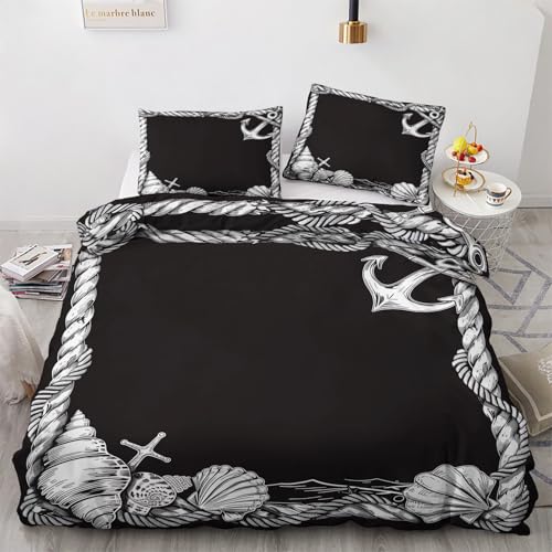 NOGAWA Bettwäsche 155x220 Nautisch Maritim - Anker Muschel Bettbezug 155x220 2er Set, Weich & Bügelfrei Mikrofaser Bettwäsche-Sets, Wendebettwäsche mit Reißverschluss und 1 Kissenbezug 80x80 von NOGAWA