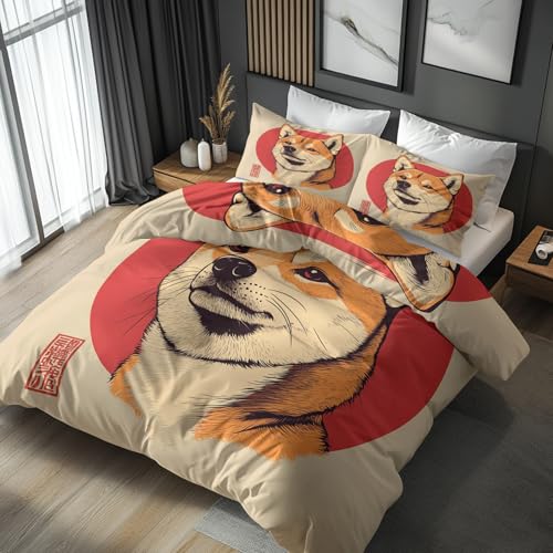 NOGAWA BettwäscheJapanische Shiba Inu Bettwäsche 135x200 - Bettbezug 135x200 Hunde Haustiere Welpen, Bettwäsche-Sets 2 teilig, Weich Wendebettwäsche und 1 Kissenbezug 80x80 mit Reißverschluss von NOGAWA