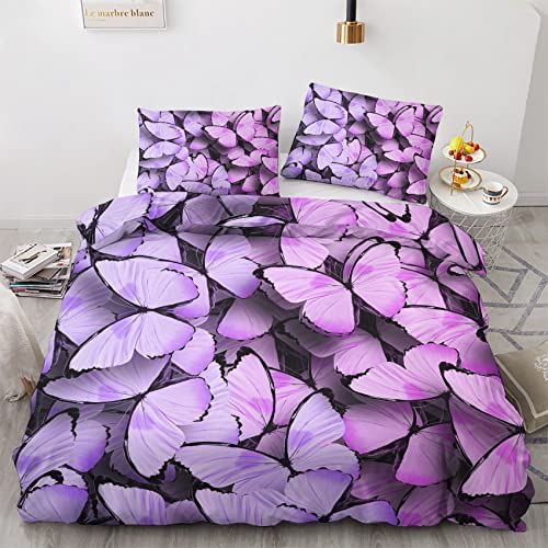 NOGAWA Schmetterling Bettwäsche 155x220 3 teilig, Lila Bettwäsche Sets, Weich & Warm Mikrofaser Raumdekoration Bettbezug und 2 Kissenbezug 80x80 mit Reißverschlus, Für Kinder und Erwachsene. von NOGAWA