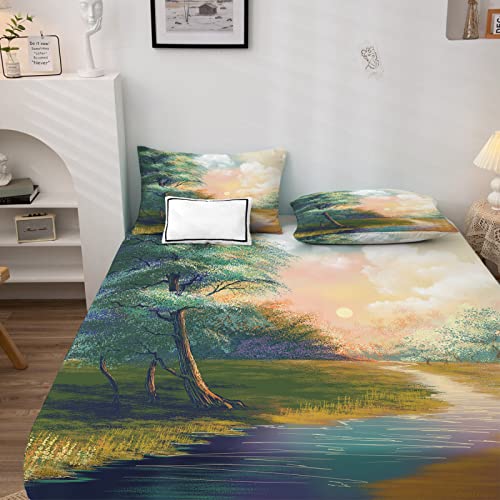 Sonne Spannbettlaken 90x200cm, Spannbetttuch Natur Muster, Weiche Mikrofaser Boxspringbett Bettlaken geeignet für Matratzen von 30 cm Mit 1 Kopfkissenbezug 80x80 cm von NOGAWA