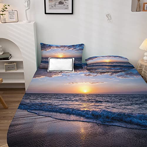 Sonnenuntergang Spannbettlaken 180x200cm, Spannbetttuch Meer Muster, Weiche Mikrofaser Boxspringbett Bettlaken geeignet für Matratzen von 30 cm Mit 2 Kopfkissenbezug 80x80 cm von NOGAWA