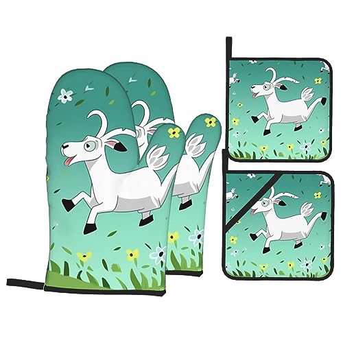 Goat Frolic Ofenhandschuhe und Topflappen, Set mit 4 hitzebeständigen Ofenhandschuhen, rutschfeste Topflappen zum Backen, Kochen, Küche, Grillen, BBQ von NOGRAX