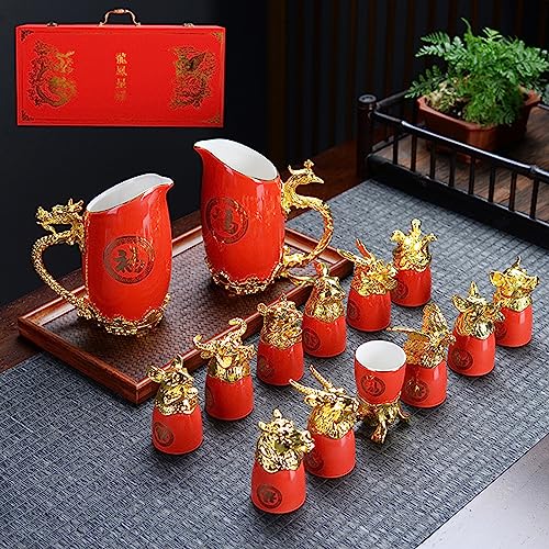 Kreatives Weinglas-Set aus Keramik, rotes Whisky-Dekanter-Set, 12 Tierkreis-Weinbecher, Krug, chinesischer Drache und Phönix-Topf mit Geschenk-Set für Ehemann, Vater, Freund (Stil 2) von NOGRAX