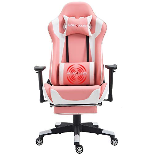 NOKAXUS Bürostuhl,Gaming Stuhl mit Fußstütze Lendenwirbelstütze für Erwachsene,PU Leder ergonomischer Massagestuhl für Zuhause,Computer Video Gamer Stuhl(Yk-6008-pink) von NOKAXUS