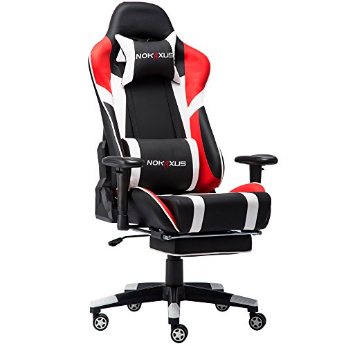 NOKAXUS Bürostuhl,Gaming Stuhl mit Fußstütze Lendenwirbelstütze für Erwachsene,PU Leder ergonomischer Massagestuhl für Zuhause,Computer Video Gamer Stuhl(Yk-6009-red) von NOKAXUS
