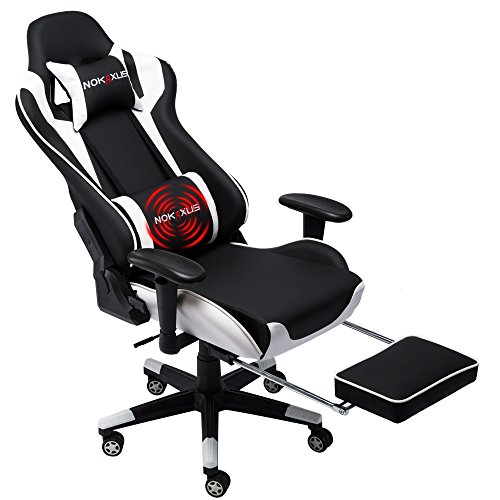 NOKAXUS Bürostuhl,Gaming Stuhl mit Fußstütze Lendenwirbelstütze für Erwachsene,PU Leder ergonomischer Massagestuhl für Zuhause,Computer Video Gamer Stuhl（Yk-6008-white von NOKAXUS