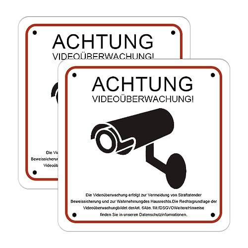 2 Stück Achtung Videoüberwachung Schild 15x15cm Aluminium Schilder Kameraüberwachung Kamera Überwachung Schild Videoüberwachung für Privatgrundstück Warnschild mit Selbstklebend und 4 Bohrlöcher von NOKDAL