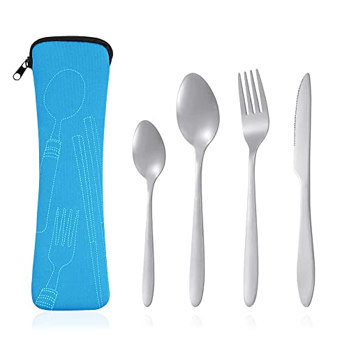 4 Teilig Besteck Edelstahl Cutlery Sets Portable Essbesteck Hochglanzpoliert Silber besteck Messer Gabel Löffel Hochwertiges Besteckkoffer Bestecktasche für Reisen Camping Picknick Home Schule von NOKDAL