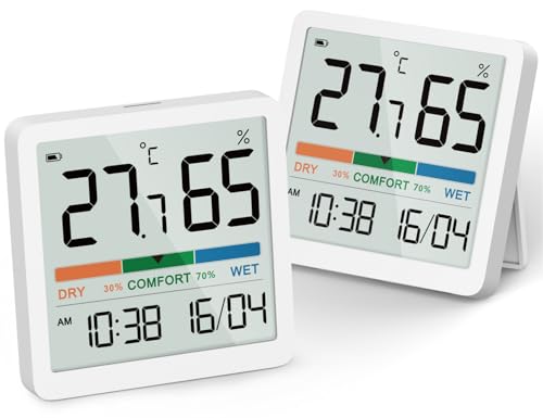 NOKLEAD Digital Thermometer Hygrometer-Innen Thermo Hygro Mini Raumthermometer Temperatursensor Feuchtigkeitsmesser mit Komfortanzeige ℃/℉ Umschaltbar,Datum 12/24Hr Uhr Kalibrierung,2 Stück von NOKLEAD