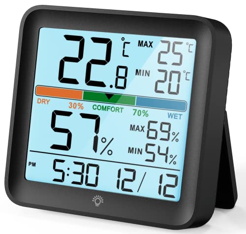 NOKLEAD Hygrometer Innen-Digital Thermometer Room Großem LCD Bildschirm mit Berührbar Backlight MIN/MAX- Aufzeichnungen Komfortzone Uhr Datum Raumthermometer für Haus, Büro, Zimmergarten(Schwarz) von NOKLEAD