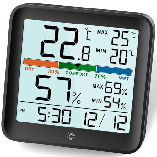 NOKLEAD Hygrometer Innen-Digital Thermometer Room Großem LCD Bildschirm mit Berührbar Backlight MIN/MAX- Aufzeichnungen Komfortzone Uhr Datum Raumthermometer für Haus, Büro, Zimmergarten(Schwarz) von NOKLEAD
