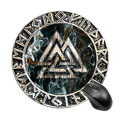 NOKTAI Tragbares Rundes Mauspad, Nordische Wikinger Druckmuster, Personalisierte Schreibtisch-Accessoires Anti-Rutsch-Mauspad (Color : Valknut A) von NOKTAI