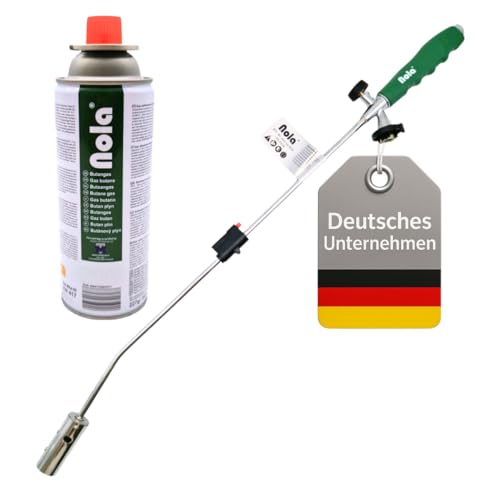 Nola Unkrautbrenner max. 1.300 °C inkl. Gaskartusche 227g, Bajonettanschluss Unkrautvernichter 80cm, Abflammgerät, Butangas Art. 879, leistungsstarker Gasbrenner, Piezozündung, Flamme regulierbar von NOLA