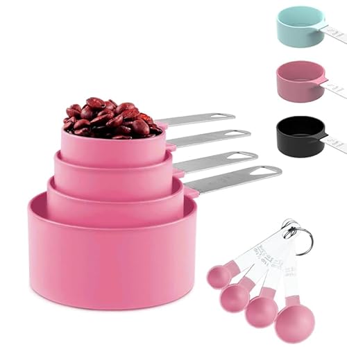 Messlöffel Set 8 Stück Kunststoff Messbecher,Messbecher Set Edelstahl für Messen Flüssigkeiten Feststoffe mit 4 Measuring Cups und 4 Löffel, Messwerkzeug von Küchen, Dosierlöffel für Backmessen Rosa von NOLACE