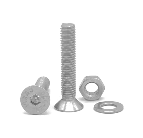 NOLDAR | Senkkopfschrauben mit Innensechskant. Edelstahl (A2). Set 20 Schrauben mit 20 Muttern und 20 Unterlegscheiben (60 Stück). Senkschrauben DIN 7991 / ISO 10642 Vollgewinde. (Große M4 x 12 mm) von NOLDAR