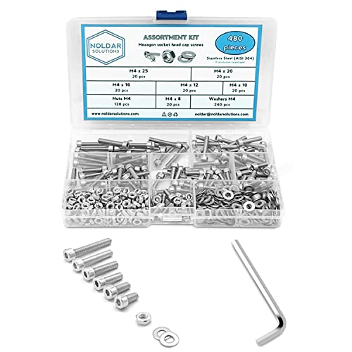 Sortiment Innensechskantschrauben mit Zylinderkopf, Sechskantmuttern und flachen Unterlegscheiben, 480-teiliges Edelstahl-Schrauben-Set, metrisch M4, Längen von 8 mm bis 25 mm. von NOLDAR