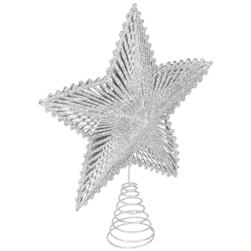 NOLITOY Christbaumspitze Weihnachtsbaumspitze Tannenbaumspitze Weihnachtsstern Glitzer Weihnachten Baumspitze 23cm Weihnachtsbaum Topper Stern Christbaumschmuck für Xmas Party Deko Silber von NOLITOY