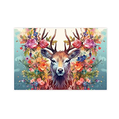NOLLAM Hirsch Bild Auf Leinwand-Tier Leinwand Gemälde Wandkunst Poster Und drucke-Bunt Hirsch in Blumen Leinwandbilder XXL-Abstrakte Graffiti Kunstdrucke für Wohnzimmer40x60cm16 x24ohne Rahmen von NOLLAM