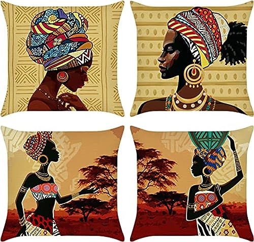 NOLLAM Leinen Kissenbezug, 55x55cm Kissenhüllen für den Außenbereich, Afrikanische Frauen Leinen Kissenbezüge Moderne Dekokissen für Terrasse Garten Bank Wohnzimmer Sofa Zierkissenbezüge von NOLLAM