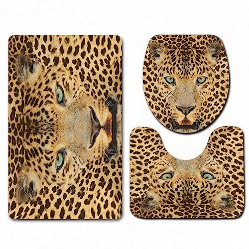 Weich Badematten & Badteppiche Set 3 teilig Mikrofaser rutschfest Badezimmerteppich,Leopard Raubtier mit fleckiger Haut und wütendem Ausdruck Wilde Fau,Maschinenwaschbar Badvorleger und Toilettenmatte von NOLLAM