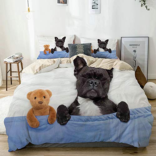 NOLOVVHA Bettwäsche-Set,Beige,Französische Bulldogge, die mit Teddy Bear im gemütlichen Bett-besten Freund-Spaß träumt Bild schläft,1 Bettbezug 135x200 + 2 Kopfkissenbezug von NOLOVVHA