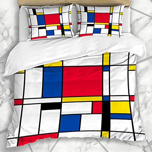 NOLYXICI Bettwäsche - Bettwäscheset Blaues abstraktes Mosaik-Muster Mondrian geometrischer Gitter-Rechteck-künstlerischer schwarzer Entwurfs-Kasten Mikrofaser weich dreiteilig135*200 von NOLYXICI