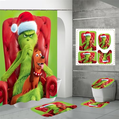 NONCHI 4 Stück Weihnachten Duschvorhang Set, 71 "X 71" Bad Urlaub Dekor Zubehör Sets Mit Anti-Rutsch-Teppiche, Toilettendeckel Abdeckung Und Bad Matte, 12 Haken,A von NONCHI