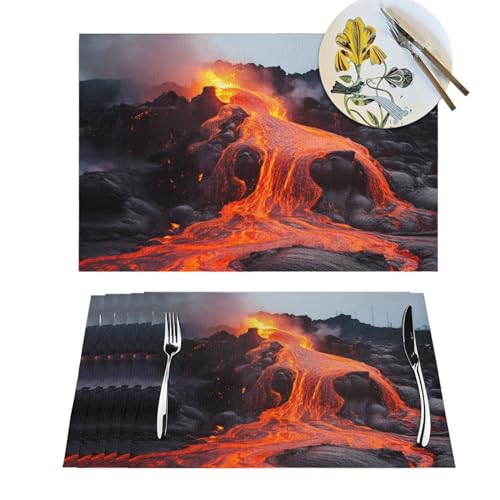 1 Platzdeckchen-Set, rote heiße Lava vom Kilauea-Vulkan, PVC-Vinyl-Tischsets, hitzebeständig, Bauernhaus-Platzset, rutschfest, waschbar, gewebte Tischsets für Esstisch, Küche, PVC-Tischmatte von NONHAI