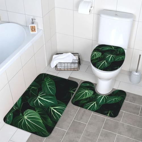 Badezimmerteppich-Set mit langen Blättern, 3-teilig, super saugfähig, Badteppich, Konturmatte und WC-Deckelbezug, waschbar, rutschfest, für Badezimmer von NONHAI
