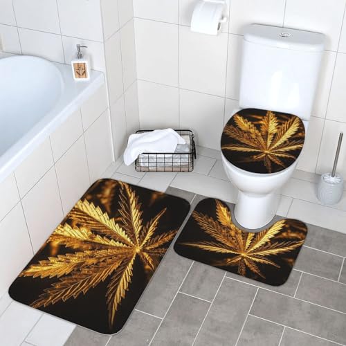 Golden Cannabis Badezimmerteppich-Set, 3-teilig, super saugfähig, Badteppich, Konturmatte und WC-Deckelbezug, waschbar, rutschfest, Badematten für Badezimmer von NONHAI