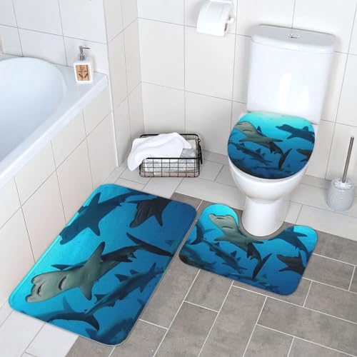 Hammerhead Sharks Badezimmerteppich-Set, 3-teilig, super saugfähig, Badteppich, Konturmatte und WC-Deckelbezug, waschbar, rutschfest, Badematten für Badezimmer von NONHAI