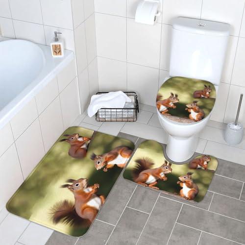 Niedliches Eichhörnchen-Badezimmerteppich-Set, 3-teilig, super saugfähig, Badteppich, Konturmatte und WC-Deckelbezug, waschbar, rutschfest, Badematten für Badezimmer von NONHAI