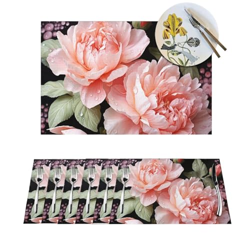 Platzdeckchen-Set, Pfingstrosen, Blumen, Rose, gewebte Tischsets für den Esstisch, hitzebeständig, rutschfest, waschbar, PVC-Tischmatten für Zuhause, Küche, Hochzeiten, Urlaub, Party, Dekoration, 4 von NONHAI