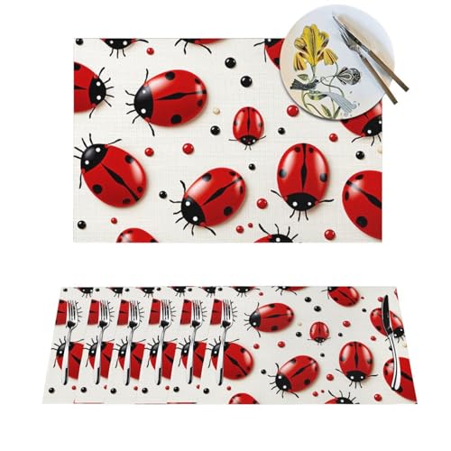 Platzdeckchen-Set, rot, Marienkäfer, gewebt, für Esstisch, hitzebeständig, rutschfest, waschbar, PVC-Tischmatten für Zuhause, Küche, Hochzeit, Urlaub, Party, Dekoration, 6 Stück von NONHAI