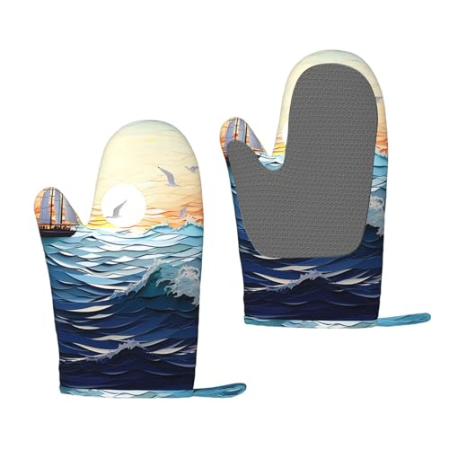 Silikon-Ofenhandschuhe, 2 Stück, Ozeanwellen, Segelboot, Küche, Ofenhandschuh, Handschuhe, hitzebeständig, rutschfest, Grillhandschuhe für Grillen, Kochen, Backen, Küchenhandschuhe von NONHAI