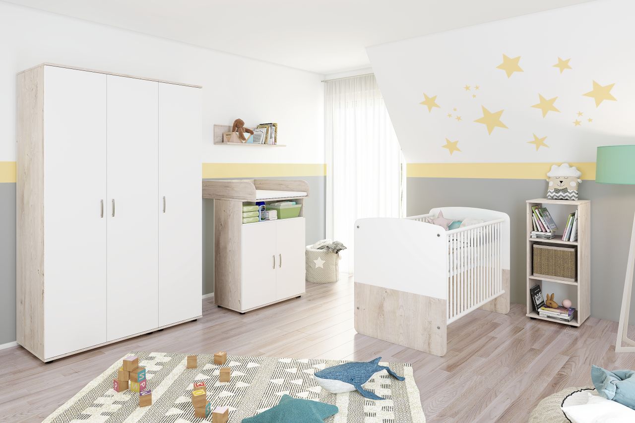 Babyzimmer Set Babybett Wickelkommode Wandboard Kleiderschrank 3 türig Regal von NONJOO