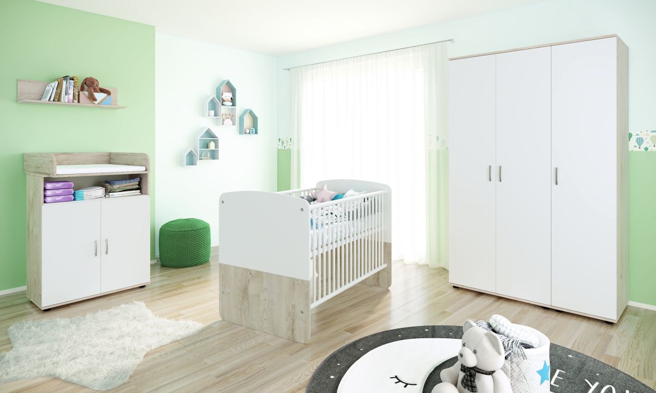 Babyzimmer Set Babybett Wickelkommode Wandboard Kleiderschrank Kinderzimmerset von NONJOO