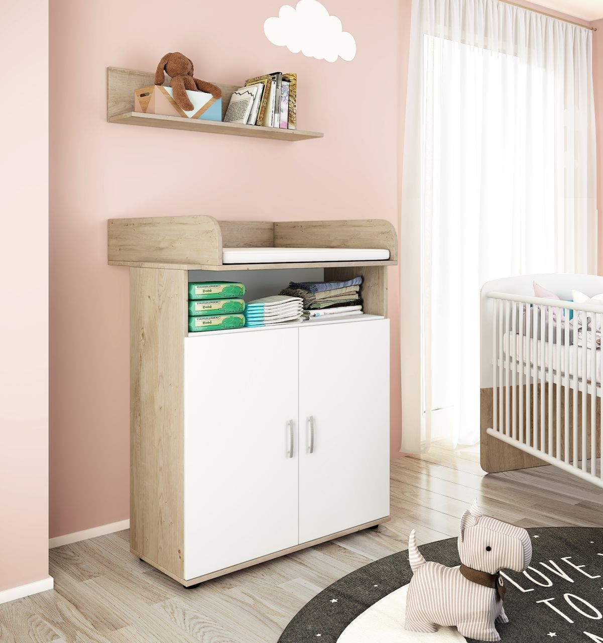 Kommode mit Wickelaufsatz Wandboard Wickelkommode Babymöbel Weiß Set Babyzimmer von NONJOO