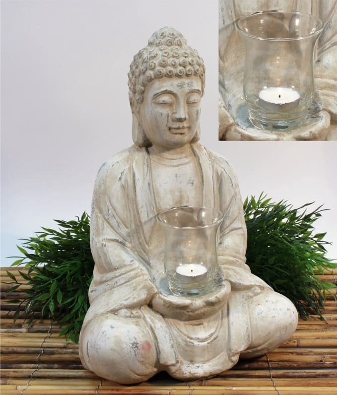 Buddha Terrakotta mit Teelichtglas, creme gebürstet, 19x25x40 cm von NOOR Living